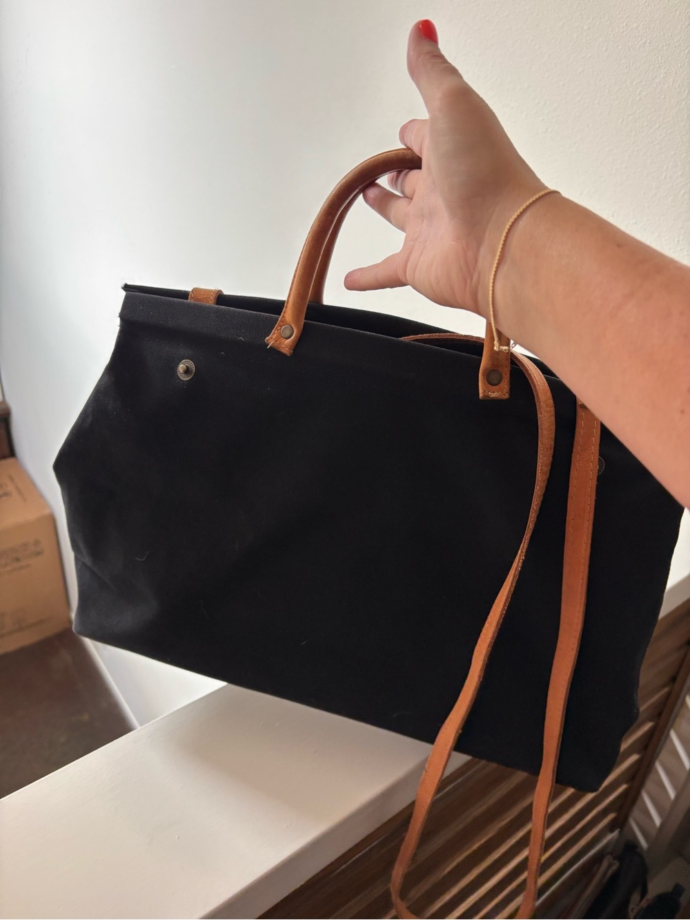 Amanda Smith Black Canvas Crossbody Tote with Tan Leather Handles
